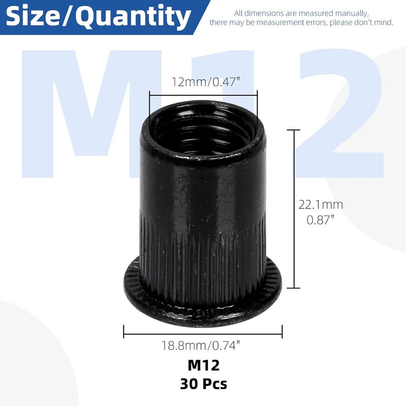 Glarks 30Pcs M12 Rivet Nuts Carbon Steel Black Zinc Plated Flat Head Rivnut Threaded Inserts - Image 2